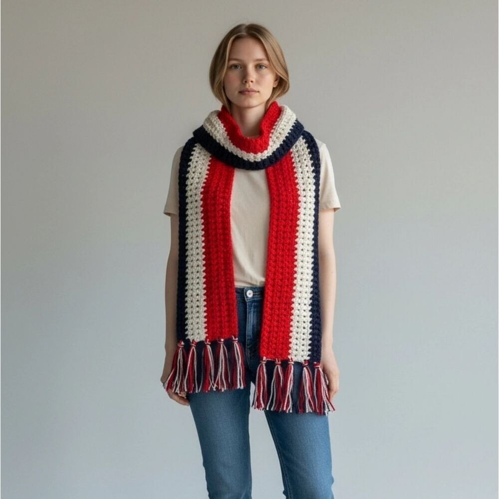 Vintage Red White and Blue Handmade Scarf with Tassle